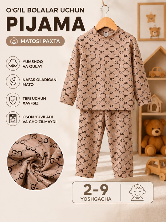 O‘g‘il bolalar uchun yumshoq paxta pijama, uyqu va uy kiyimi 2–9 yosh