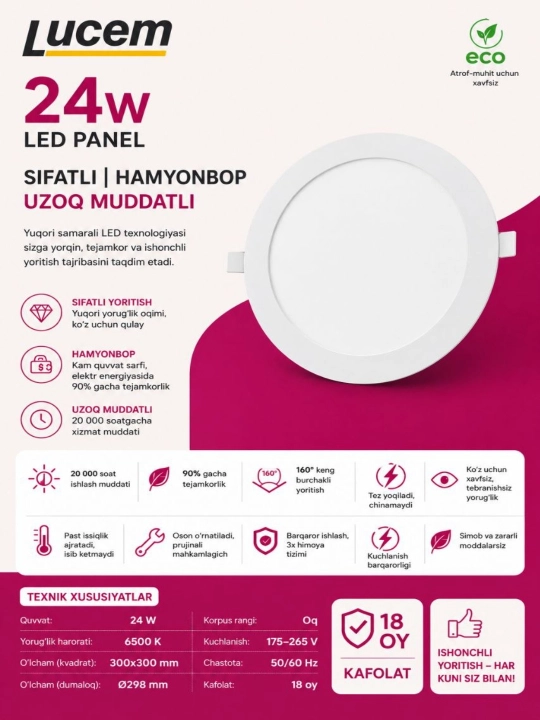LED panel chiroq Lucem 24W, oq yorug‘lik, 6500K, 300×300 mm