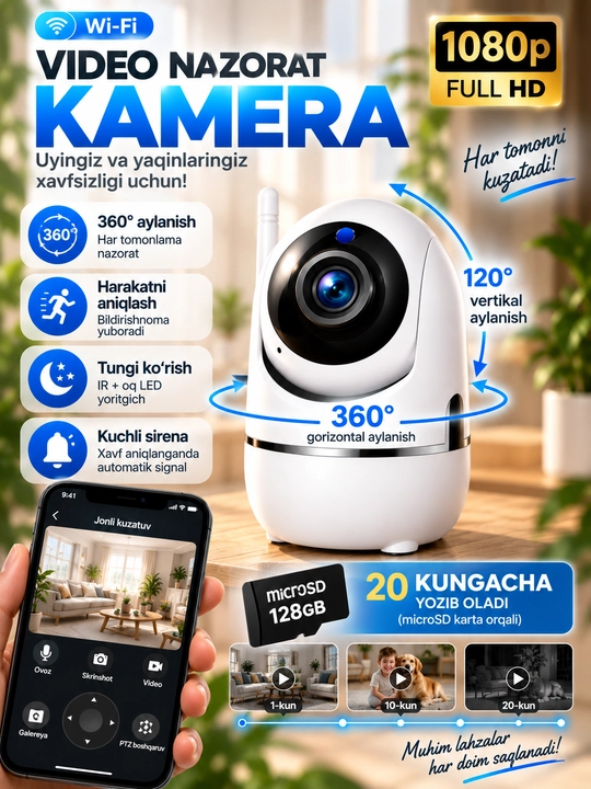 Aqlli Wi-Fi kamera, videokuzatuv kameralari, 360°  kamera