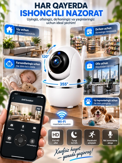 Aqlli Wi-Fi kamera, videokuzatuv kameralari, 360°  kamera