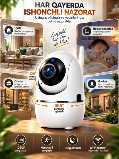Aqlli Wi-Fi kamera, videokuzatuv kameralari, 360° kamera