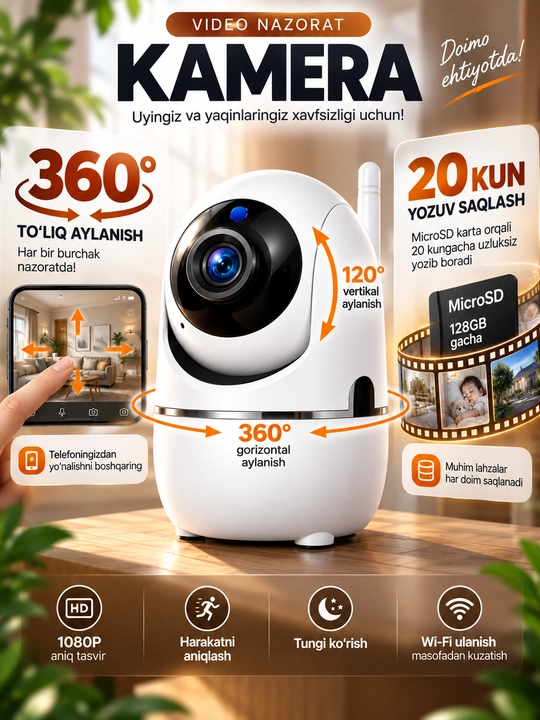 Aqlli Wi-Fi kamera, videokuzatuv kameralari, 360° kamera