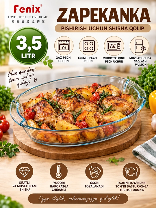 Запеканка 3,5 л из жаропрочного стекла для газовой и электрической духовки