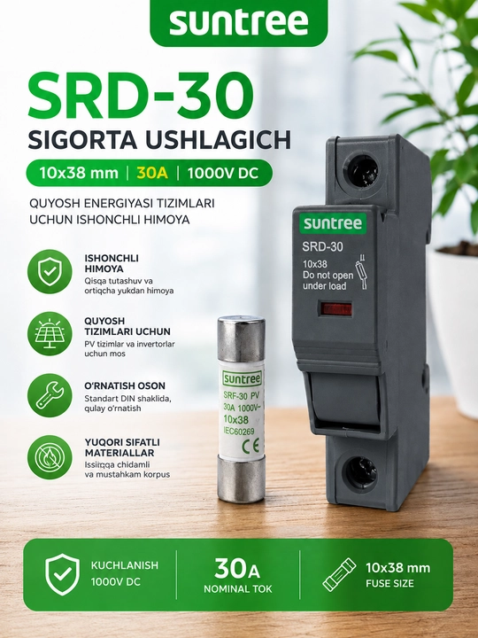 Предохранитель-держатель SRD-30 10x38 мм, 30А, 1000V DC для солнечных панелей и DC систем - 