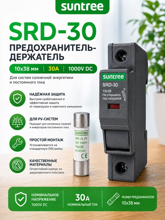 Предохранитель-держатель SRD-30 10x38 мм, 30А, 1000V DC для солнечных панелей и DC систем