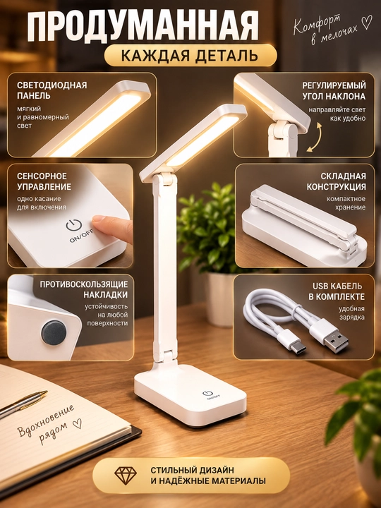 Buklanadigan LED stol chirog‘i, akkumulyatorli, sensorli boshqaruvli