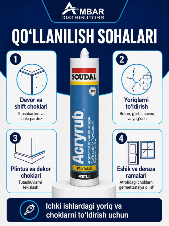 Акриловый мастик, силиконизированный Soudal Acryrub, белый, 280 мл (500 гр)