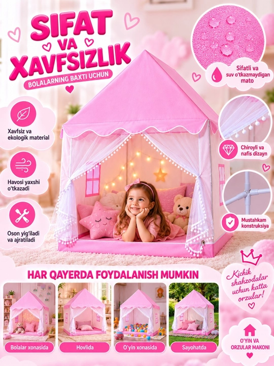 Bolalar palatkasi 140×100×135 sm, bolalar uchun o'yin uyi, o'yin chodiri, ko'k