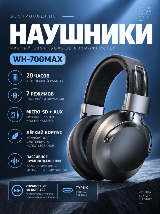 WH-700MAX simsiz quloqchinlar, to‘liq o‘lchamli, Micro-SD, AUX, Type-C - 