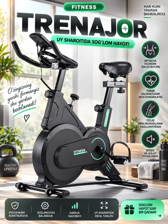 Velosiped trenajor uy uchun, o‘rindiq va rul sozlanadigan fitnes velotrenajyor - 