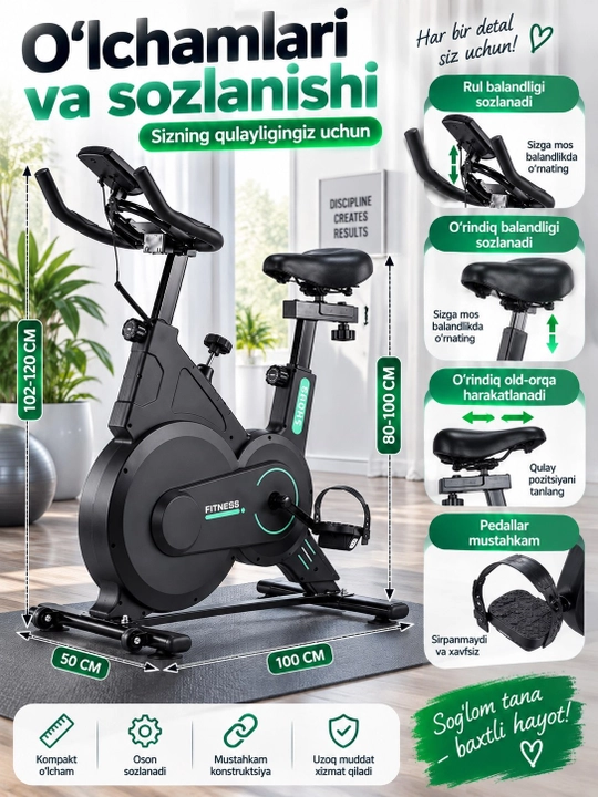 Velosiped trenajor uy uchun, o‘rindiq va rul sozlanadigan fitnes velotrenajyor