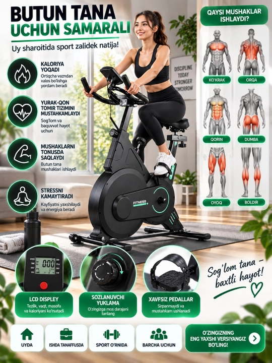 Velosiped trenajor uy uchun, o‘rindiq va rul sozlanadigan fitnes velotrenajyor