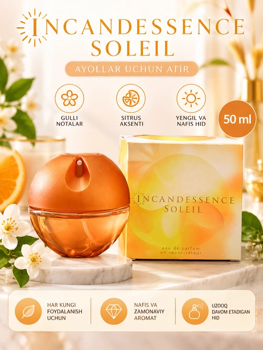 Ayollar uchun parfyumlangan suv: INCANDESSENCE, nafis va yorqin, gulli-mevali atir