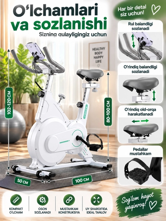 Velosiped trenajor uy uchun, o‘rindiq va rul sozlanadigan fitnes velotrenajyor