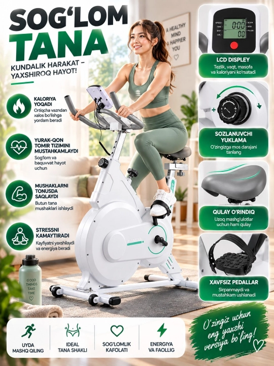 Velosiped trenajor uy uchun, o‘rindiq va rul sozlanadigan fitnes velotrenajyor