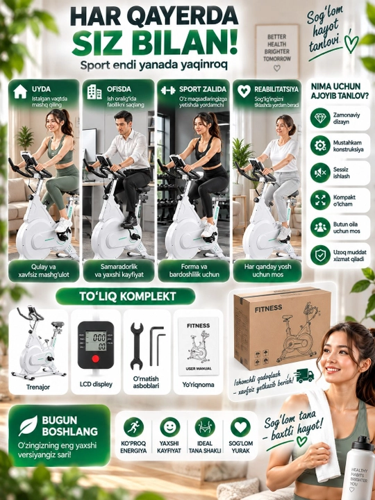 Velosiped trenajor uy uchun, o‘rindiq va rul sozlanadigan fitnes velotrenajyor