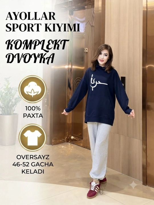 Ayollar sport kostyumi, ikki, katta o‘lchamdagi paxta kiyim 42-52