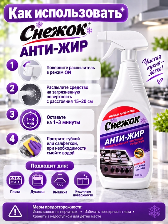 Чистящее средство Снежок Анти - жир, для плит, духовок, грилей, 600 мл