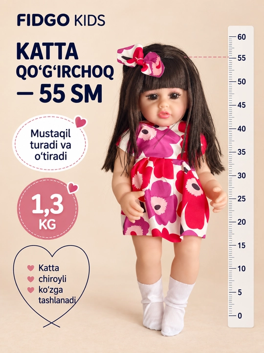 FIDGO silikon qo‘g‘irchog‘i, 55 sm — gapiruvchi, hadya qutisida