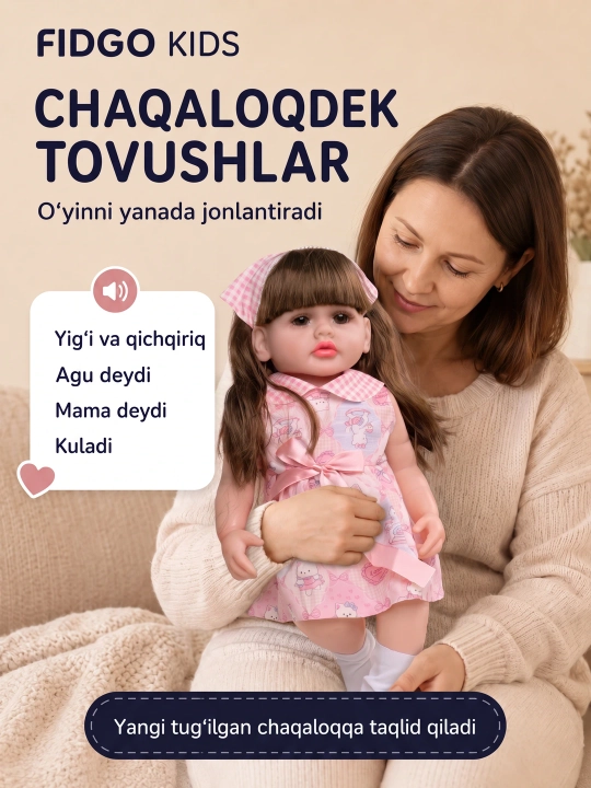 FIDGO silikon qo‘g‘irchog‘i, 55 sm — gapiruvchi, hadya qutisida