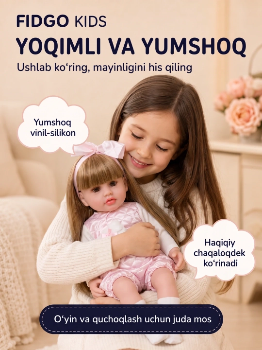 FIDGO silikon qo‘g‘irchog‘i, 55 sm — gapiruvchi, hadya qutisida