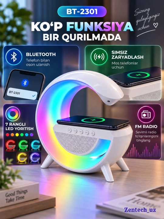 RGB LED Bluetooth-колонка, беспроводная зарядка, часы, FM-радио и подсветка