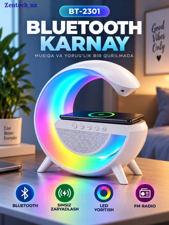 RGB LED Bluetooth-колонка, беспроводная зарядка, часы, FM-радио и подсветка