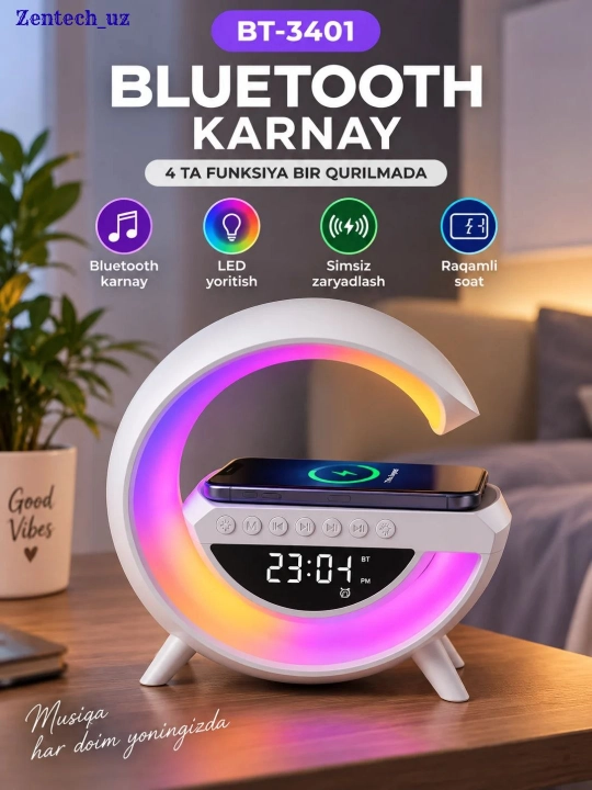 RGB LED Bluetooth-колонка, беспроводная зарядка, часы, FM-радио и подсветка - 
