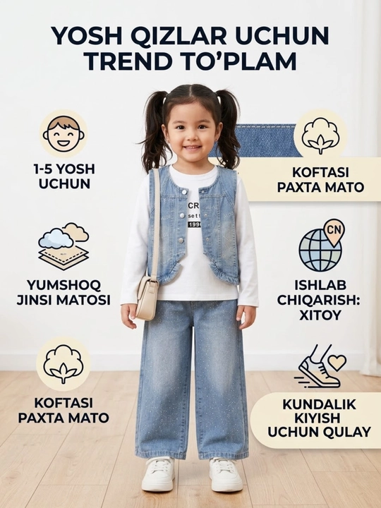 Комплект из трех предметов из денима для девочек 1–5 лет для повседневной носки - 