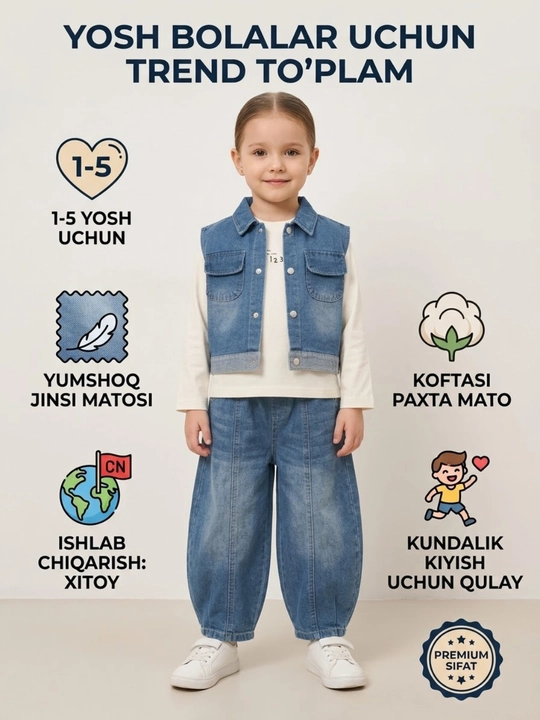 Комплект из трех предметов из денима для девочек 1–5 лет для повседневной носки - 