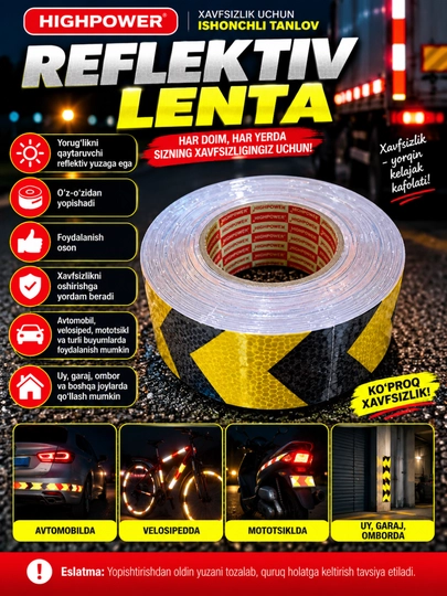 Qaytaruvchi reflektor lenta HIGHPOWER, o‘z-o‘zidan yopishuvchi - 