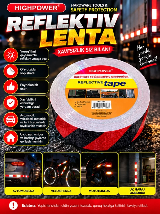 Qaytaruvchi reflektor lenta HIGHPOWER, o‘z-o‘zidan yopishuvchi - 