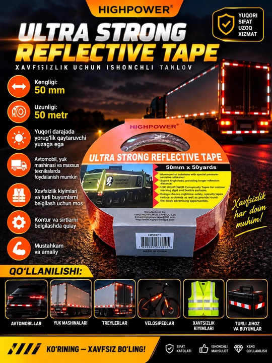 Yuqori mustahkamlikdagi reflektiv lenta 50 mm × 50 metr - 