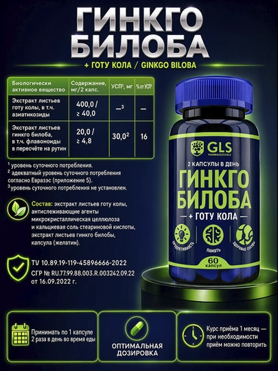 GLS Гинкго Билоба + Готу Кола, для мозга, памяти, концентрации и внимания, 60 капсул
