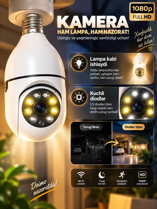 Камера Лампа, Умная камера видеонаблюдения, с Wi-Fi, с датчиком движения