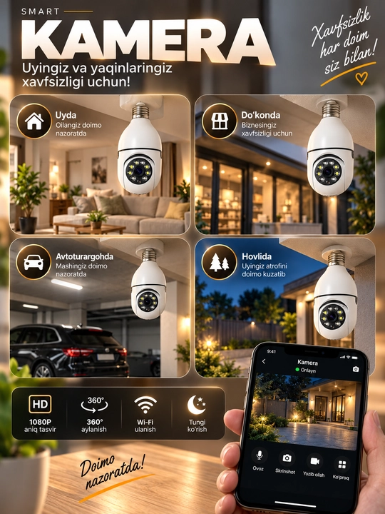 Камера Лампа, Умная камера видеонаблюдения, с Wi-Fi, с датчиком движения