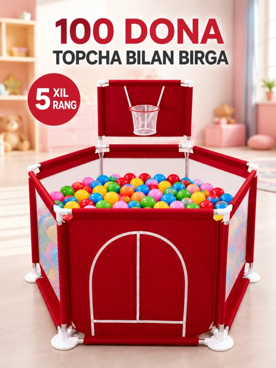 Bolalar uchun olti burchakli manej, savatchali, 10–100 ta to‘p bilan