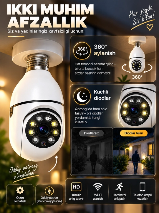 Kamera lampa, aqilli kuzatuv video kamerasi, Wi-Fi bilan, oson o'rnatiladigan