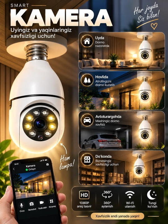 Kamera lampa, aqilli kuzatuv video kamerasi, Wi-Fi bilan, oson o'rnatiladigan