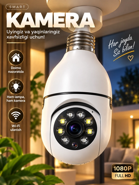 Камера Лампа, Умная камера видеонаблюдения, с Wi-Fi, с датчиком движения - 