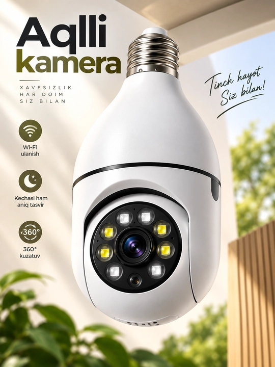 Kamera lampa, aqilli kuzatuv video kamerasi, Wi-Fi bilan, oson o'rnatiladigan - 
