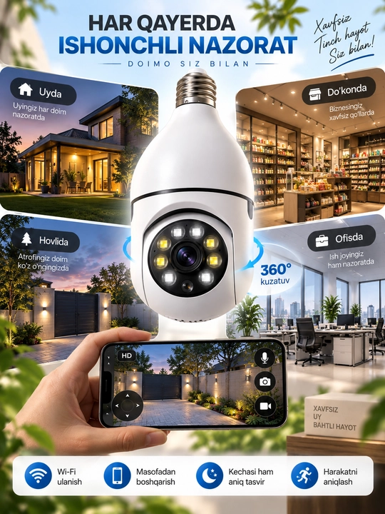 Камера Лампа, Умная камера видеонаблюдения, с Wi-Fi, с датчиком движения