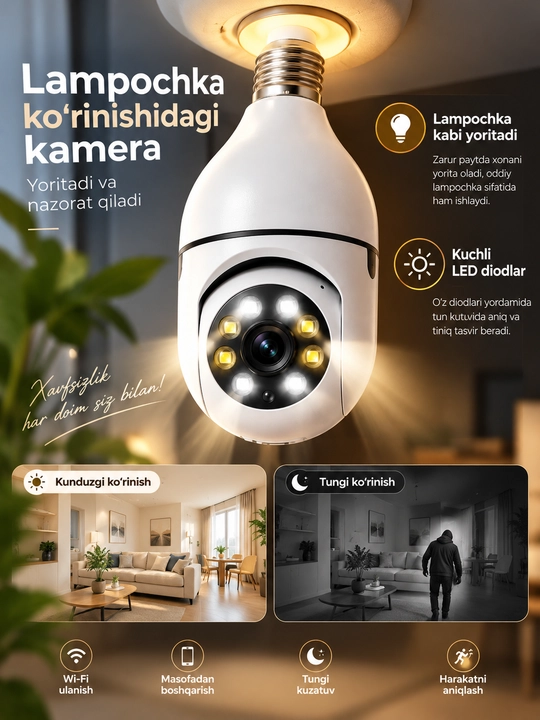 Kamera lampa, aqilli kuzatuv video kamerasi, Wi-Fi bilan, oson o'rnatiladigan