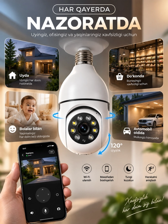 Kamera lampa, aqilli kuzatuv video kamerasi, Wi-Fi bilan, oson o'rnatiladigan