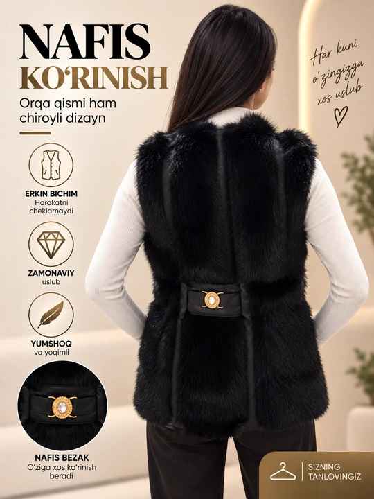 Ayollar uchun eko mo‘ynali kamzul NAZMAN Textile, kamarli, yengsiz