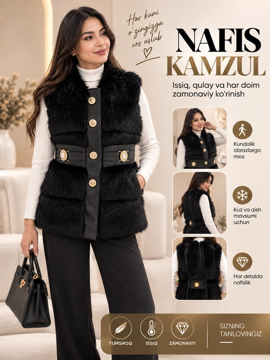 Ayollar uchun eko mo‘ynali kamzul NAZMAN Textile, kamarli, yengsiz
