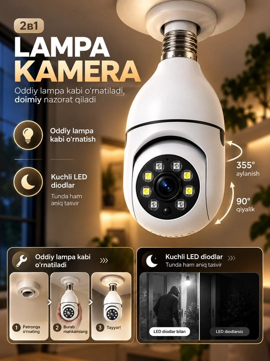 Kamera lampa, aqilli kuzatuv video kamerasi, Wi-Fi bilan, oson o'rnatiladigan