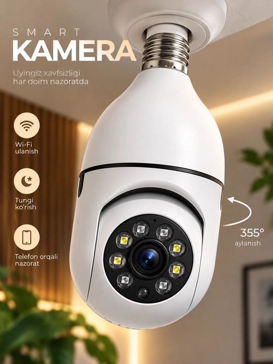 Kamera lampa, aqilli kuzatuv video kamerasi, Wi-Fi bilan, oson o'rnatiladigan - 