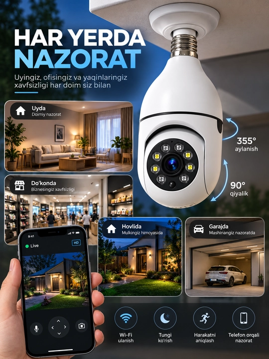 Kamera lampa, aqilli kuzatuv video kamerasi, Wi-Fi bilan, oson o'rnatiladigan