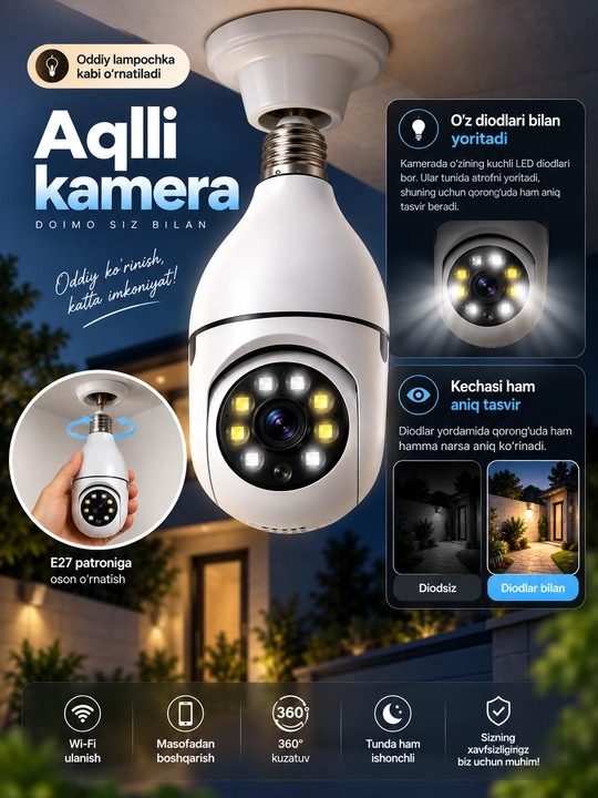 Kamera lampa, aqilli kuzatuv video kamerasi, Wi-Fi bilan, oson o'rnatiladigan